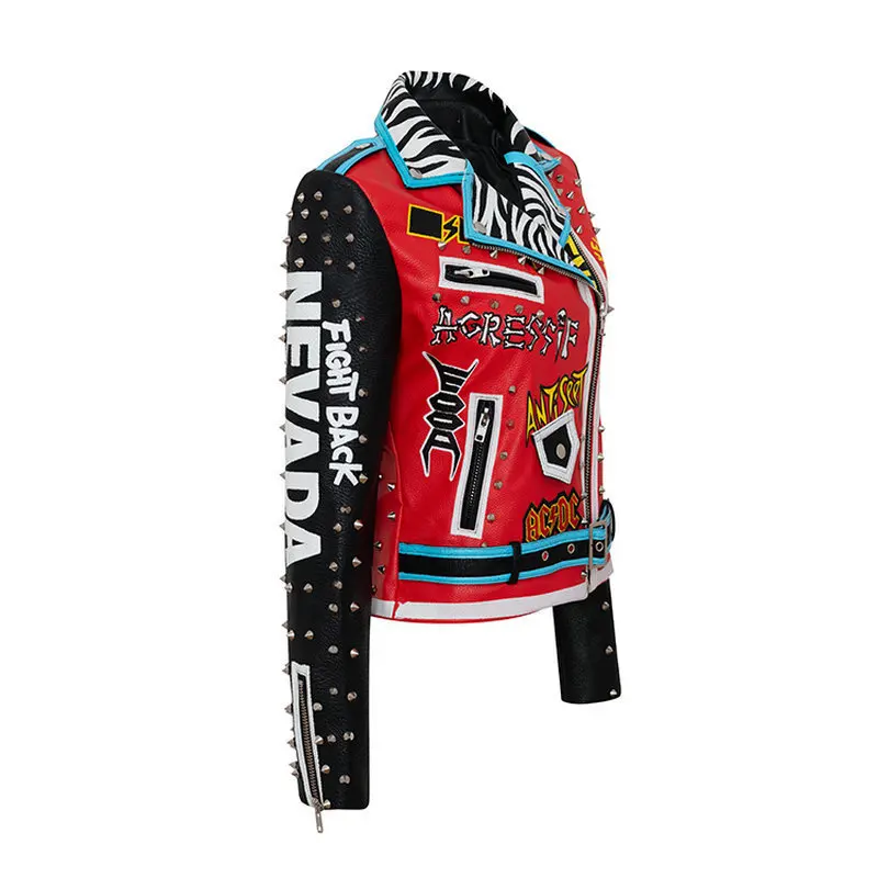 New Street Trend Short Slim Motorcycle Long Sleeve Graffiti Red and Black Leather Jacket