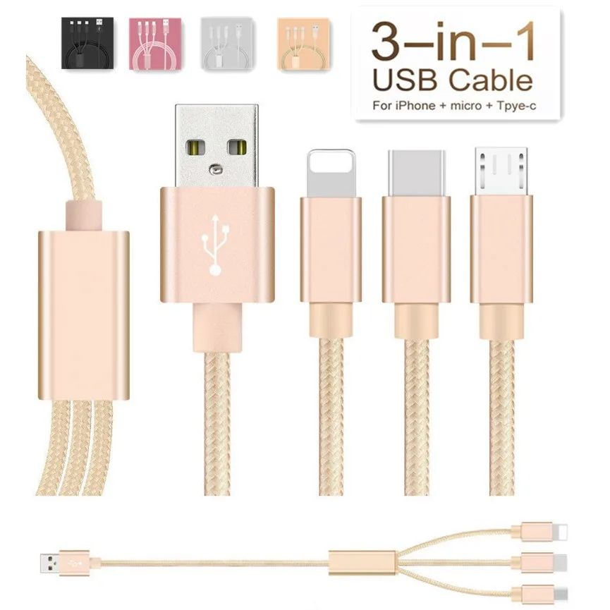 

Nylon Line 3 in 1 Cable for iPhone Android Type-c Mobile Phone & Tablet Multi-function Micro Usb 1M