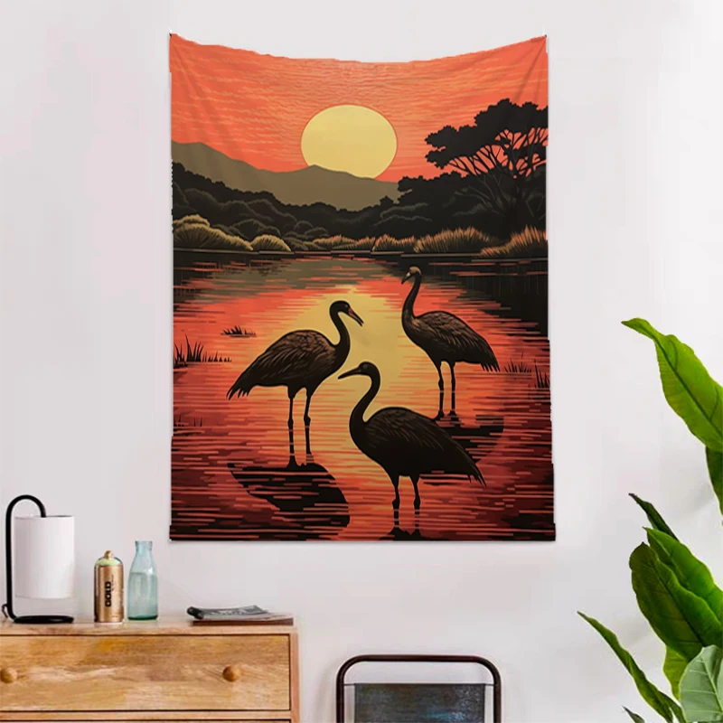 

Red-crowned Crane Wall Tapestry Aesthetic Headboards Kawaii Room Decor Anime Decoration Bedroom Home Decors Hanging Decorative