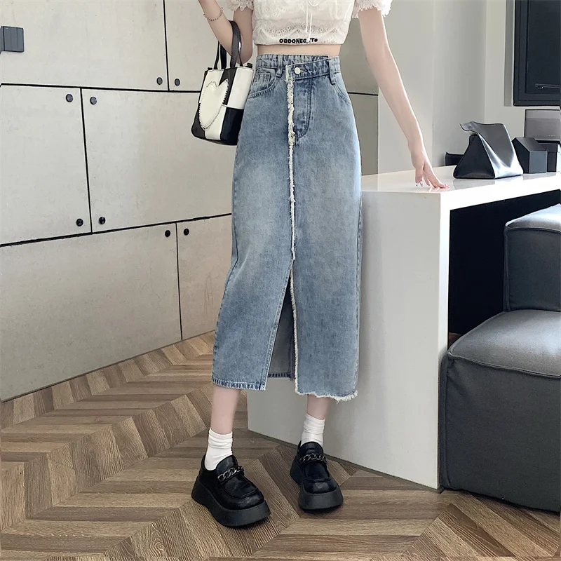 

COIGARSAM Women Skirt Summer 2022 New High Waist Tassel Light Blue Skirts Dropshipping