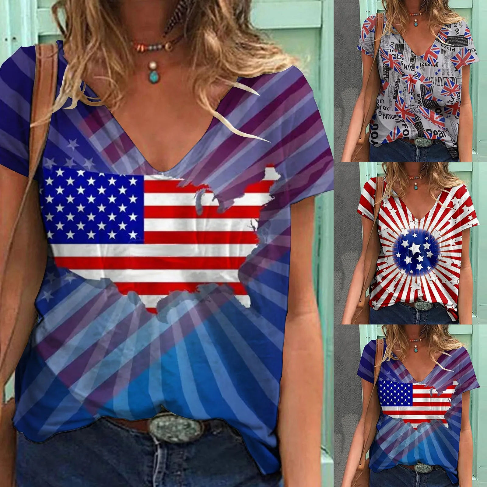 

Женская футболка с коротким рукавом, V-образным вырезом и принтом в виде американского флага