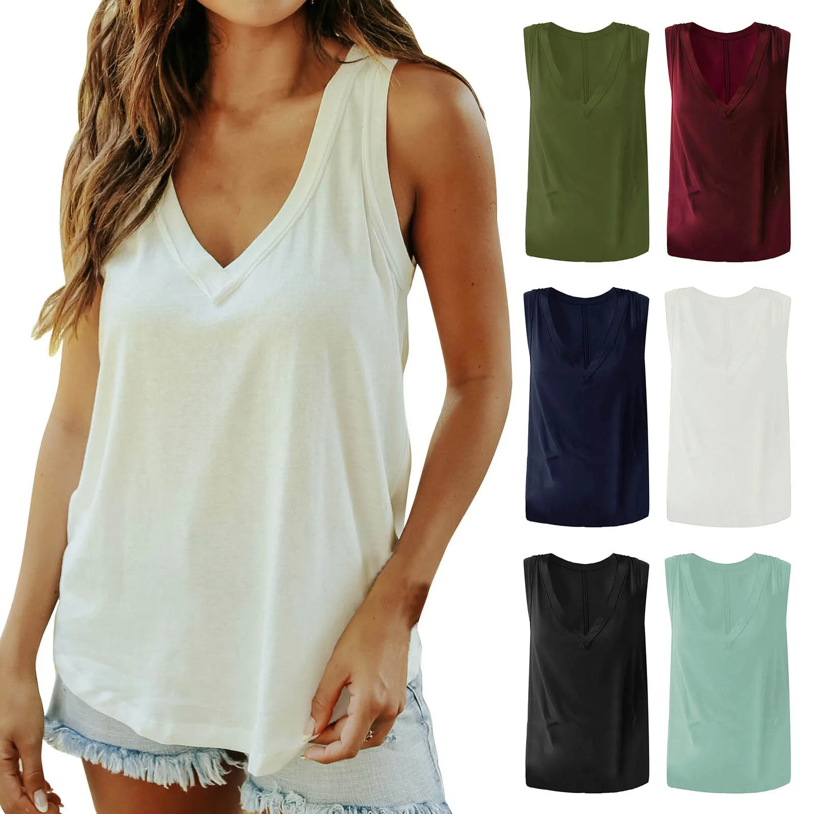 

Ladies Summer Casual Solid Color Large Neckline Long V Neck Sexy Loose Pullover Vest Heated Vest with Battery Pack