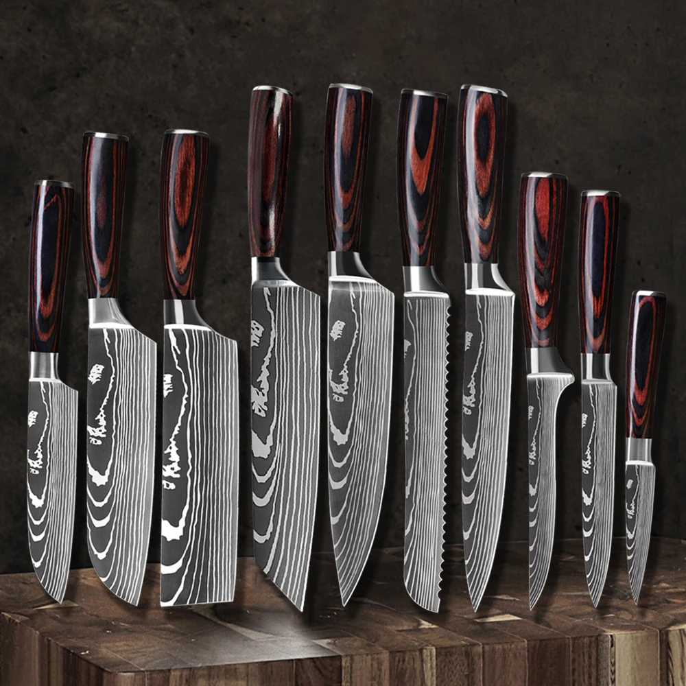 

1-10PCS Kitchen Knife Set Japanese Damascus Pattern Professional Chef Knife Fish Meat Cleaver High Carbon Steel Kitchen Knives