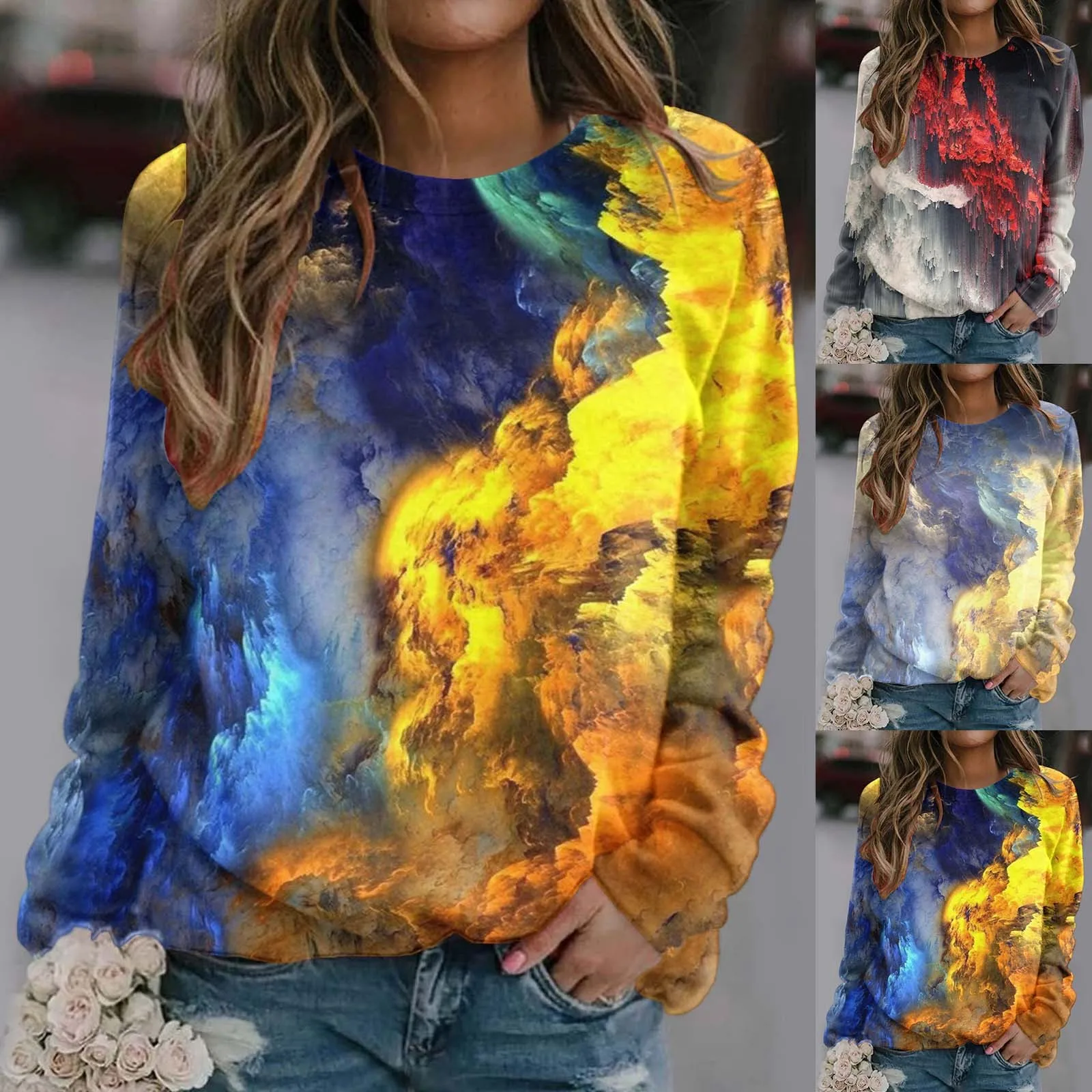 

Comfortable Tops For Womens Gradient Print O Neck Sweatshirt Round Neck Fit Pullover Tops Casual Long Sleeve Cute Fashion Top