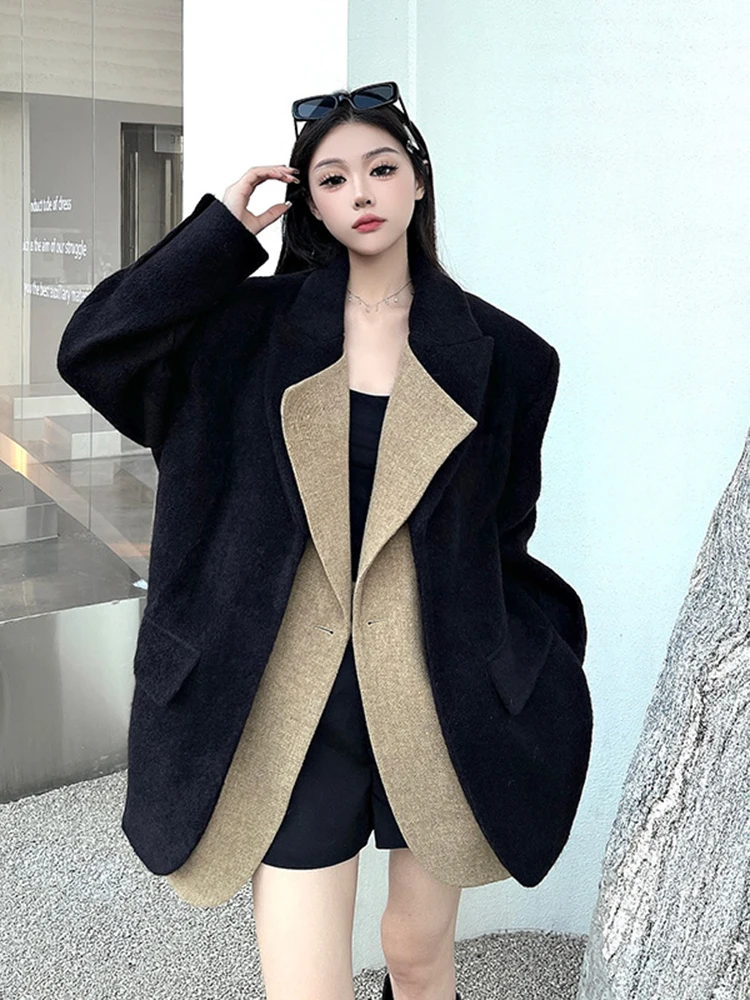 BZVW черный толстый шерстяной пиджак для женщин индивидуальный контрастного цвета