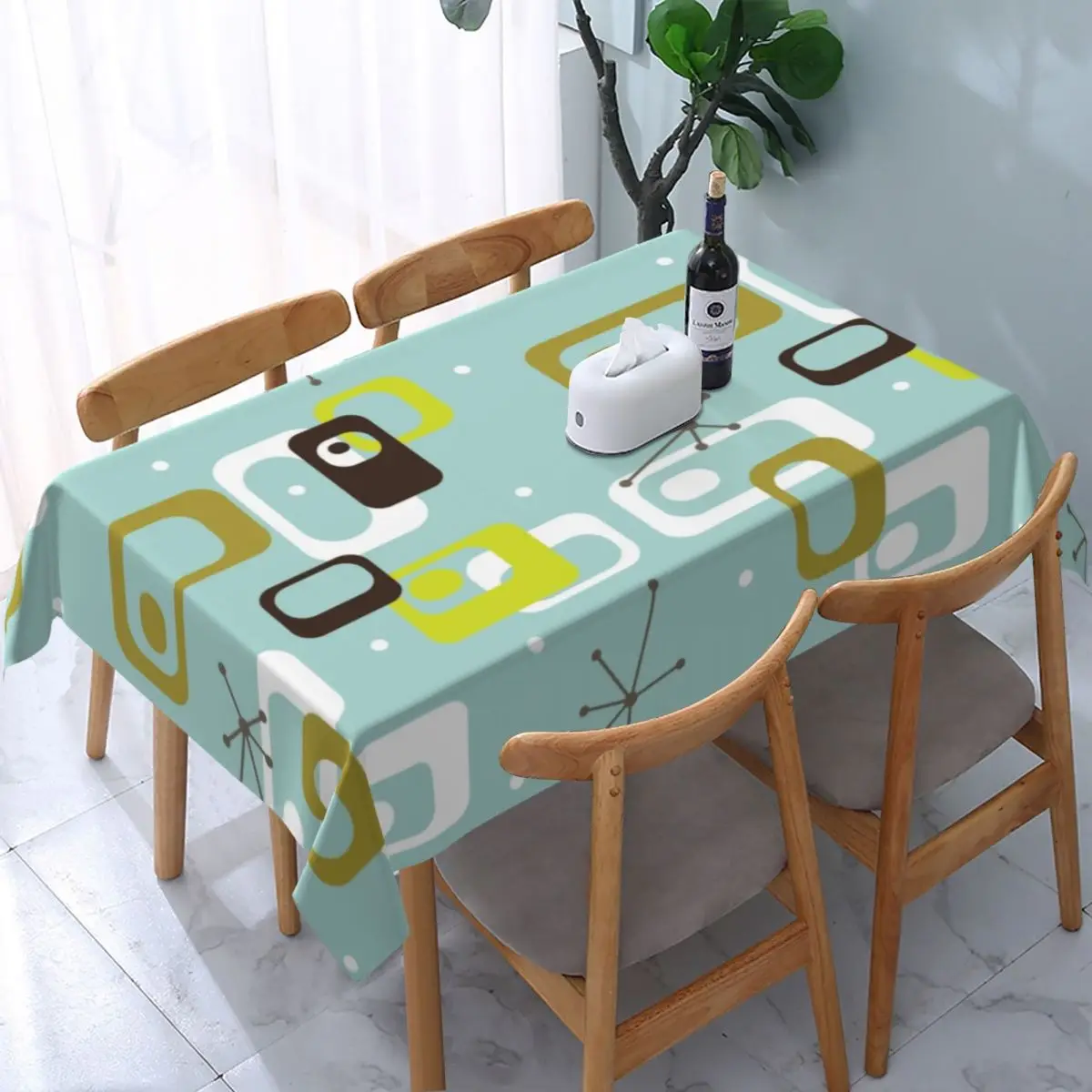 

Waterproof Minimalist Geometric Mid Century Atomic Tablecloth Backing Elastic Edge Table Cover Modern Abstract Table Cloth
