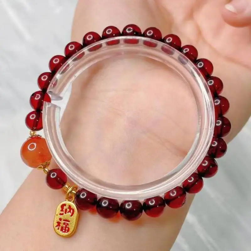 

100% Natural Red Amber Bracelet With Yanyuan Agate Round Bead Gold Lucky Charm Baltic Blood Amber Bracelet Women Gemstone Bangle