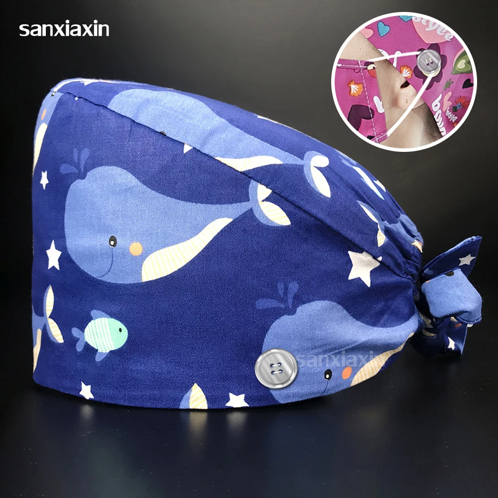 

Cartoon Print Surgical Cap with Buttons Adjustable Cotton Hospital Nursing Hat Spa Salon Work Hat Dentist Clinic Nurse Scrub Cap