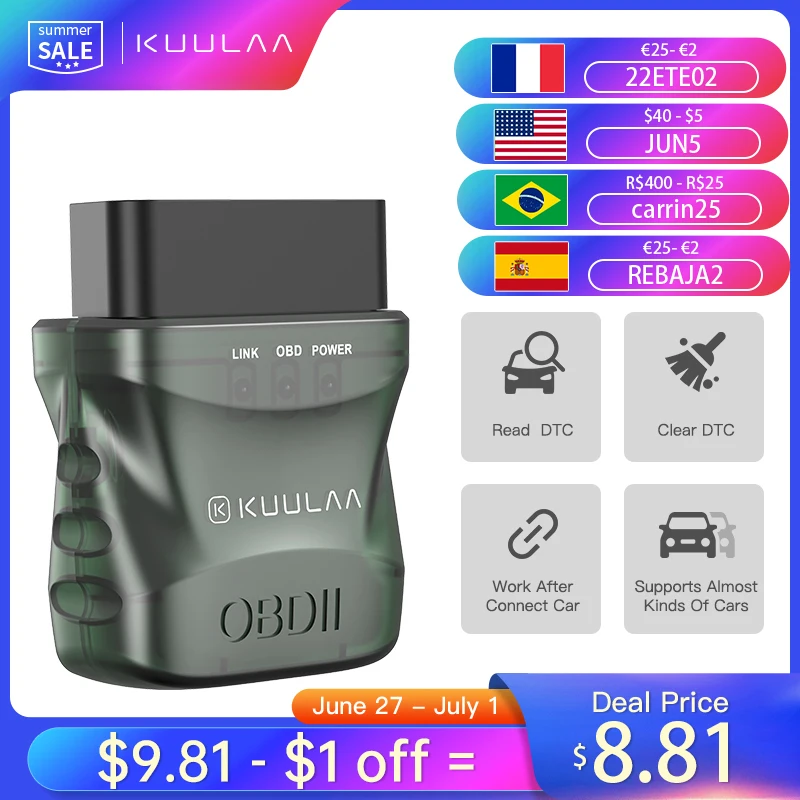  Автомобильный диагностический сканер KUULAA ELM327 V1.5 OBD2, Bluetooth 4,0, OBD 2, для IOS, Android, ПК, сканер ELM 327, устройство чтения OBDII 