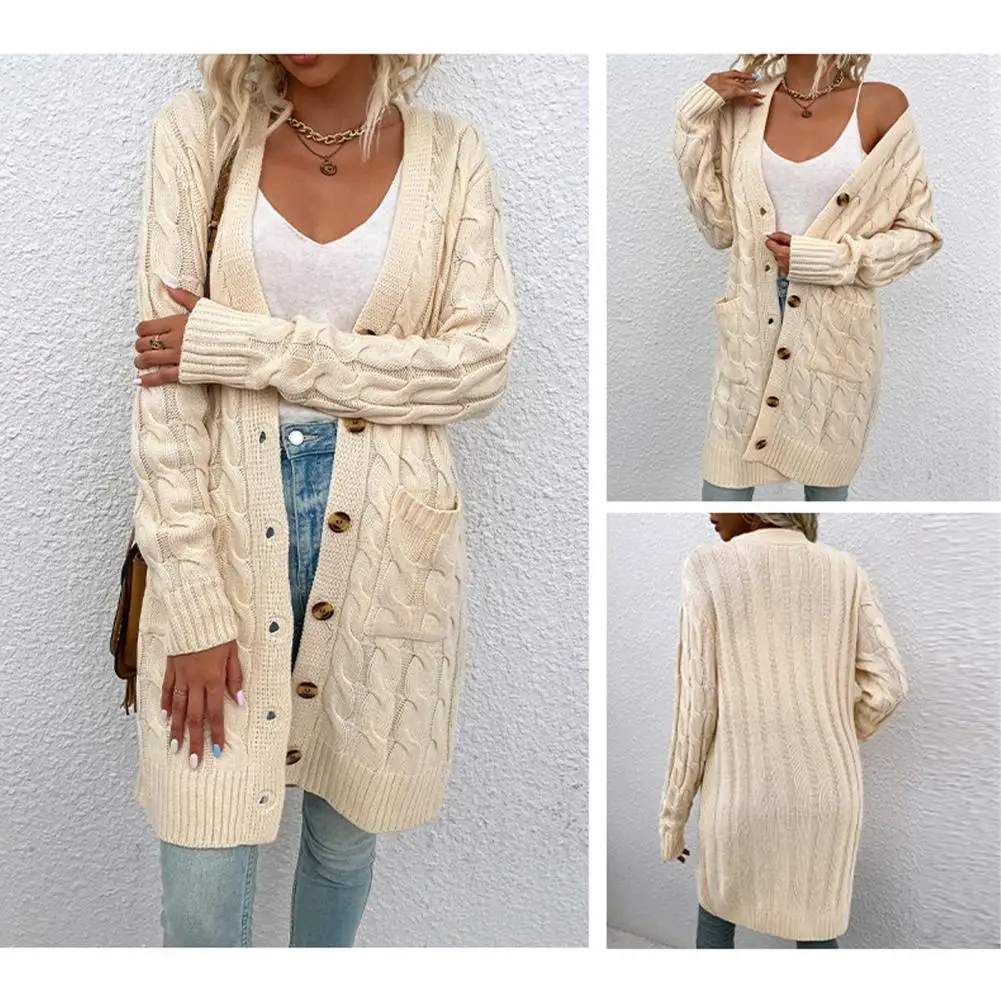

Knitted Cardigan Soft Long Sleeve Thickened Cardigan Style Pure Color Mid-Length Twist Sweater Coat Knitted Coat Coldproof