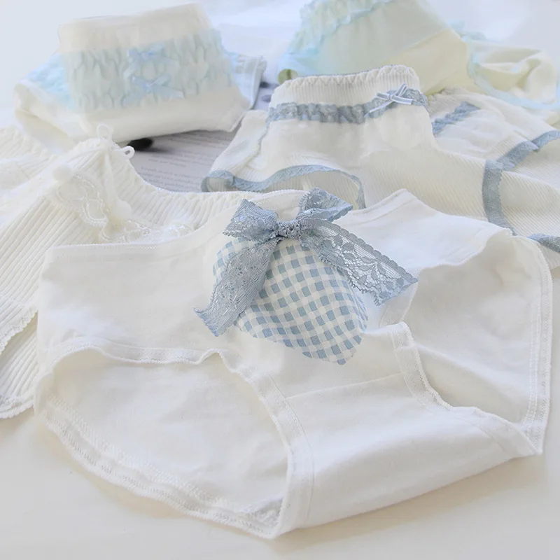 

Белые и синие трусики женские хлопковые милые клетчатые женские трусы со средней талией и бантом