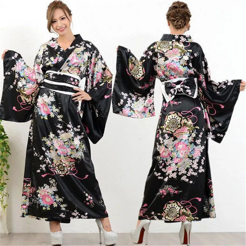 

Fashion National Trends Women Sexy Kimono Yukata With Obi Novelty Evening Dress Japanese Cosplay Costume Floral One Size