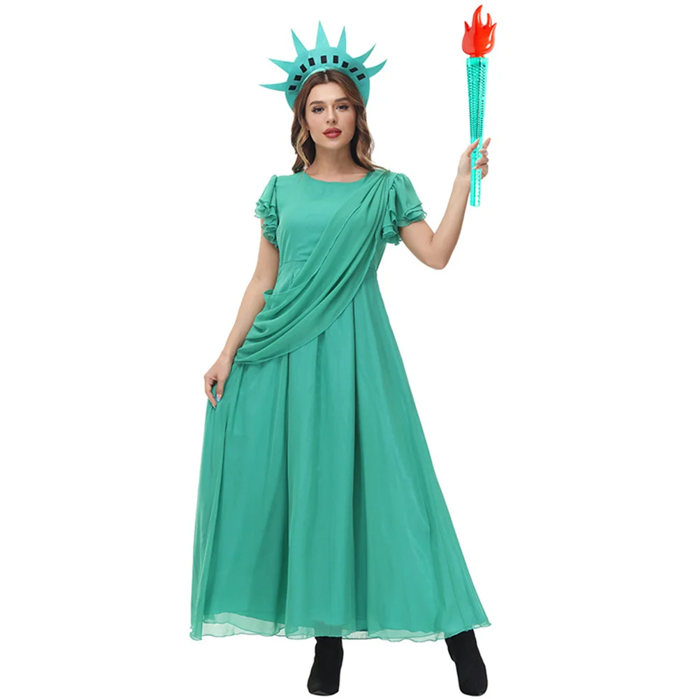 

Adult Women Sexy Greek Goddess Costume Cosplay Statue Of Liberty Fancy Party Green Chiffon Long Dress Halloween Clothing