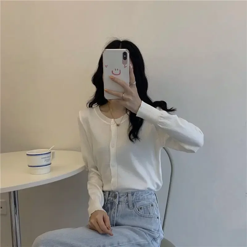 Весна и осень 2020 новый корейский стиль утягивающий вязаный топ с круглым вырезом