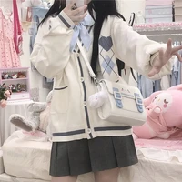 harajuku college style girl kawaii plaid pink cardigan sweater top women vintage collar cute oversized knitted sweater female