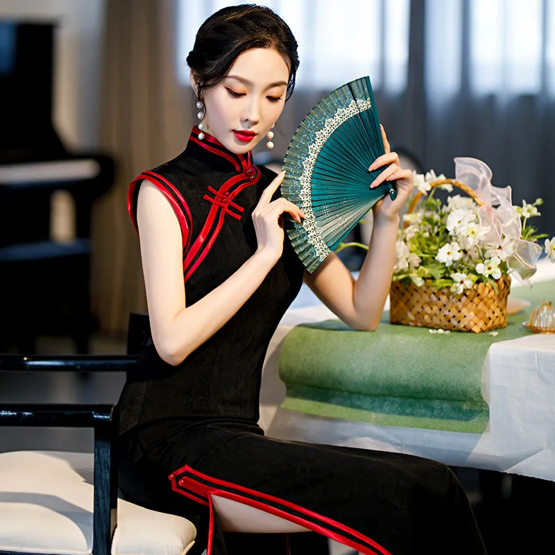 Oversized 3XL Cheongsam Women Temperament Dress Sleeveless Chinese Qipao Mandarin Collar Formal Party Gown With Vintage Button
