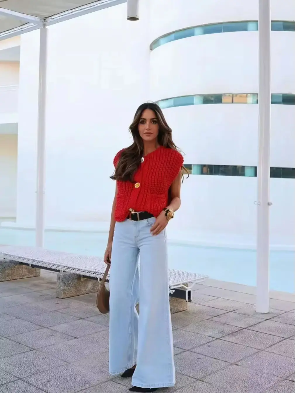 XNWMNZ 2024 женский модный красный укороченный вязаный жилет элегантный золотой