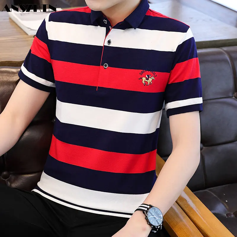 

Летняя новая мужская футболка ANSZKTN с коротким рукавом, полосатая хлопковая тонкая рубашка-поло с лацканами в деловом стиле