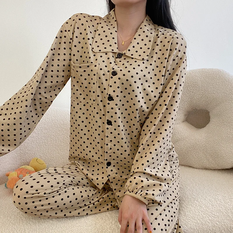 

Пижамный комплект в горошек с длинным рукавом, осенне-зимний женский топ, одежда для дома, одежда для сна для женщин, комплект одежды для сна,...