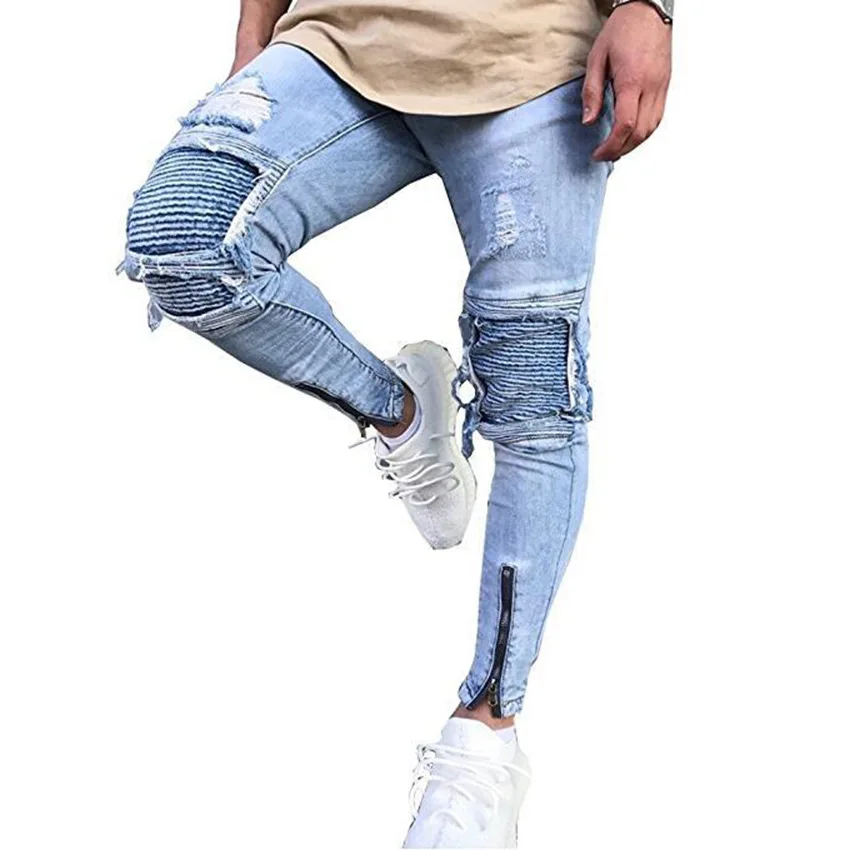 

Spring and Autumn New Jeans Men's Motorcycle Pants Knee Pleated Ripped Denim Trousers Male Casual Zipper Elastic Pencil Pants