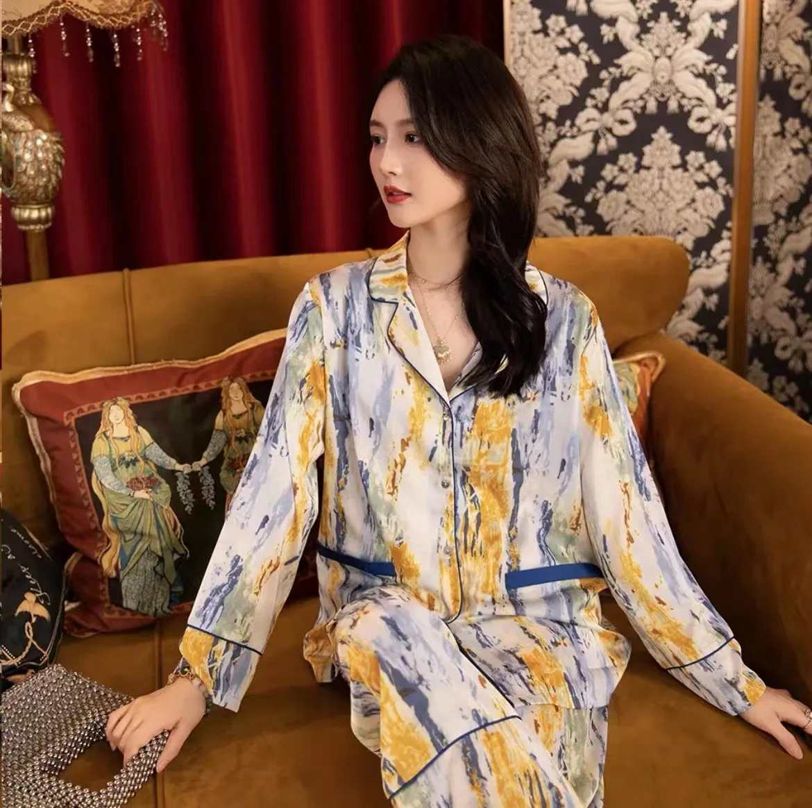 Fall Printed Pajamas Set Loungewear Sleepwear for Women 2 Pieces Long Sleeve with Pants Suit Silk Satin Female Pyjama Homewear