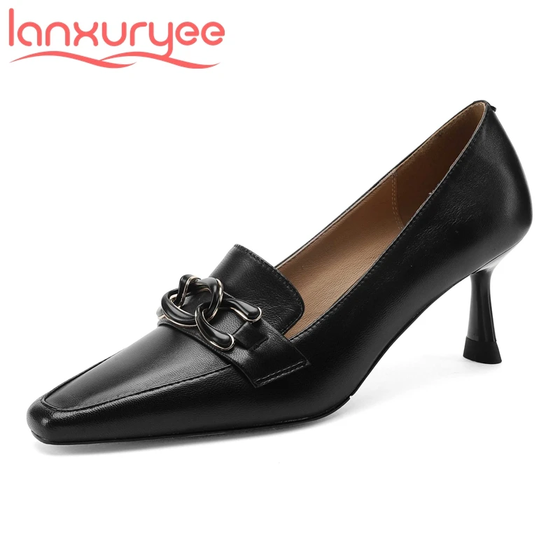 

Lanxuryee full grain leather small square toe stiletto high heels chain decorations office lady daily wear cozy women pumps L05