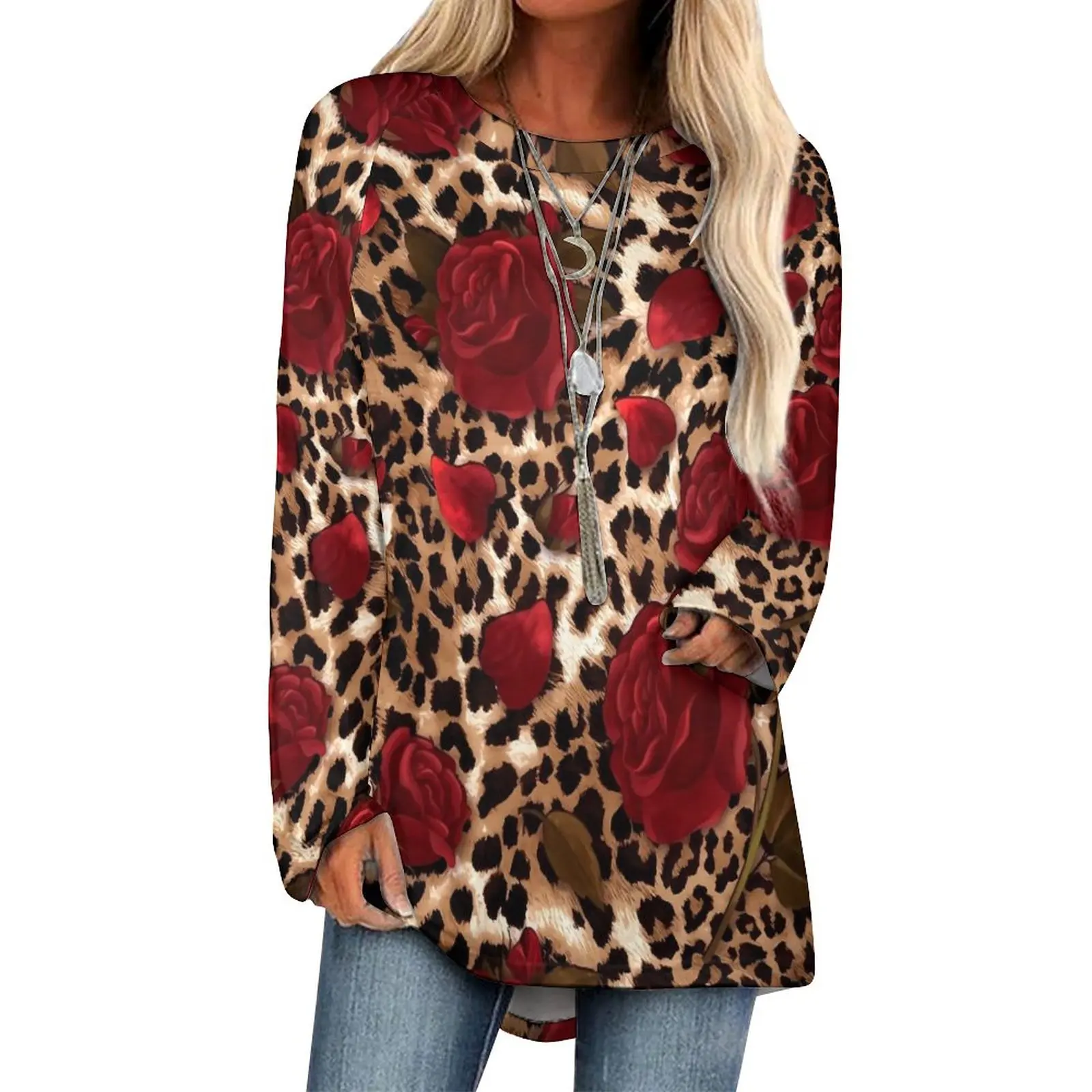 

Floral Leopard Print T-Shirt Red Roses Cute Long Sleeve T Shirts Street Style Oversized Tee Shirt Woman Graphic Clothing Gift