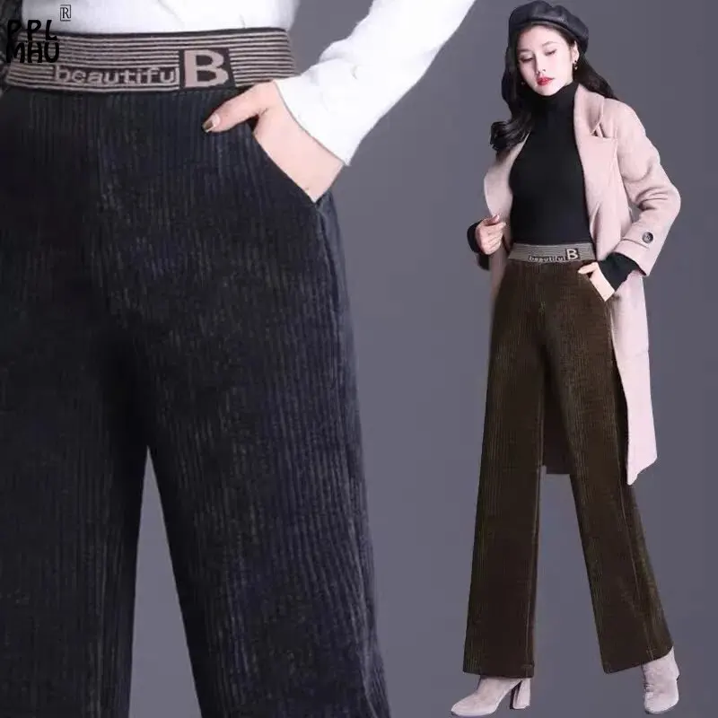 Thick Warm Ankle Length Baggy Trousers Winter Elastic High Waist Corduroy Pants Women Vintage Patchwork Velvet Wide Leg Pantalon