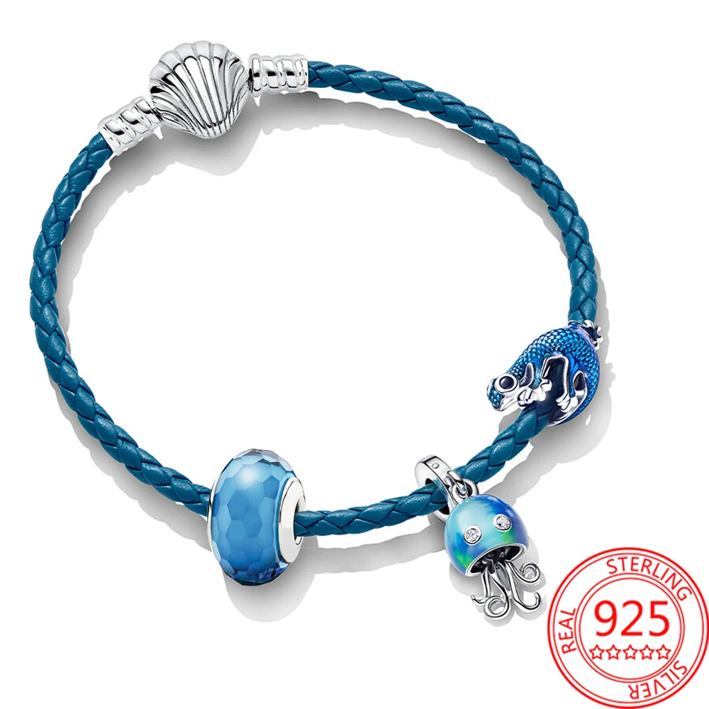 

Bracelet Set 925 Sterling Silver Murano Glass Beads Metallic Blue Gecko & Jellyfish Dangle Charm Leather Bracelet Brand Jewelry