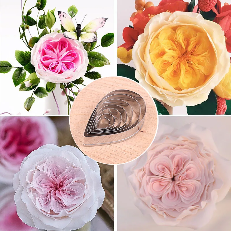 

7pcs Rose Flower Cake Mold Baking Cake Decorating Tools Stainless Steel Water Drop Fondant Mould Set Baking Tools for Cakes