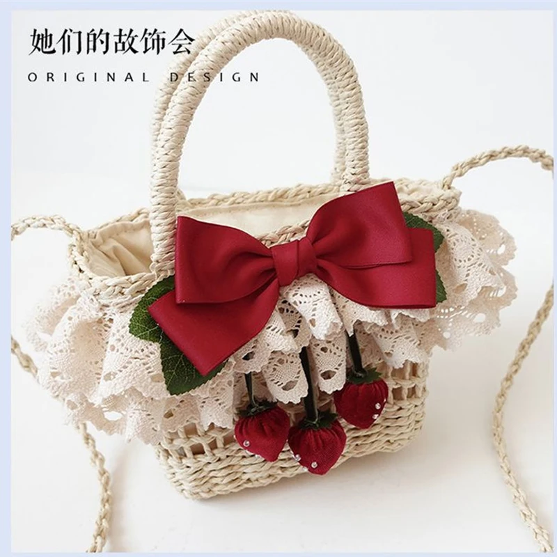 

New Women Clutch Bag Small Fresh Straw Bag Pastoral Woven Cute Shoulder Bags Bow Tie Travel Strawberry Weaving Messenger Bag