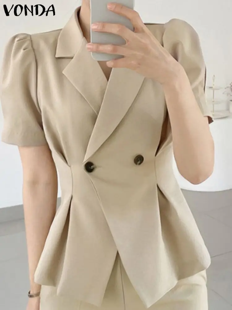 

Elegant Blazer Women Summer Coats 2023 VONDA Fashion Short Puff Sleeve Pleated Casual Loose Solid Color Blazer Outerwear Femme