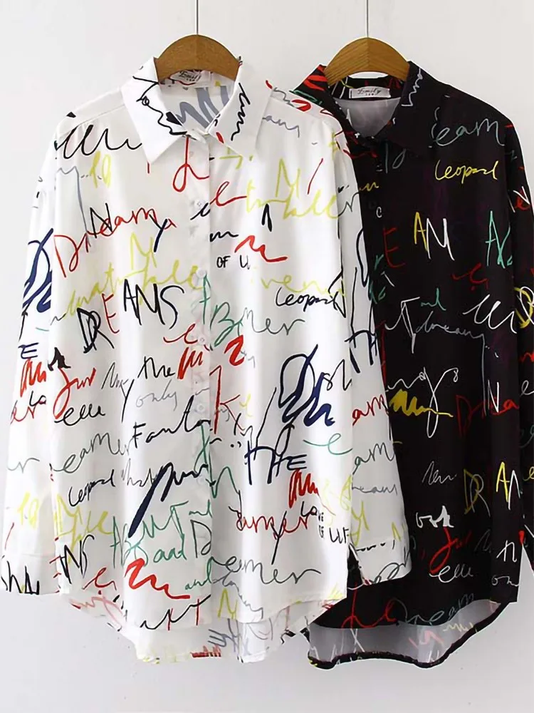 

Блузка с принтом граффити, Женская Осенняя рубашка с отложным воротником и длинным рукавом размера плюс, офисные элегантные женские майки, повседневные топы и блузки