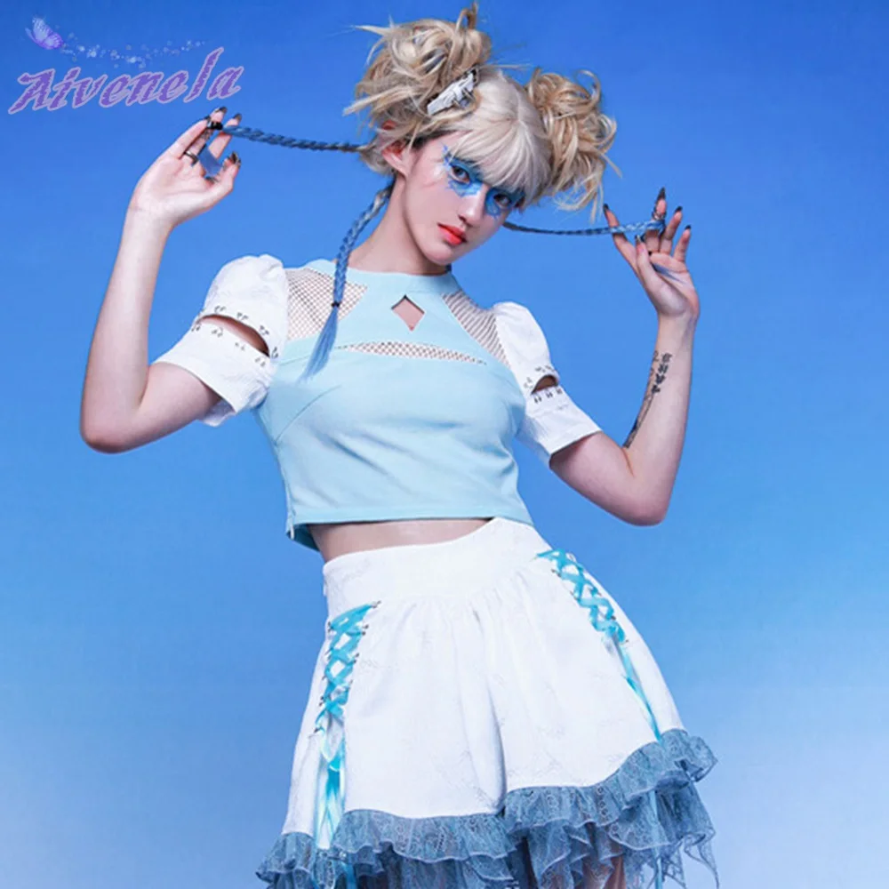 Базовая футболка в стиле Харадзюку Y2K для девочек Милая женская сетку с вырезом и