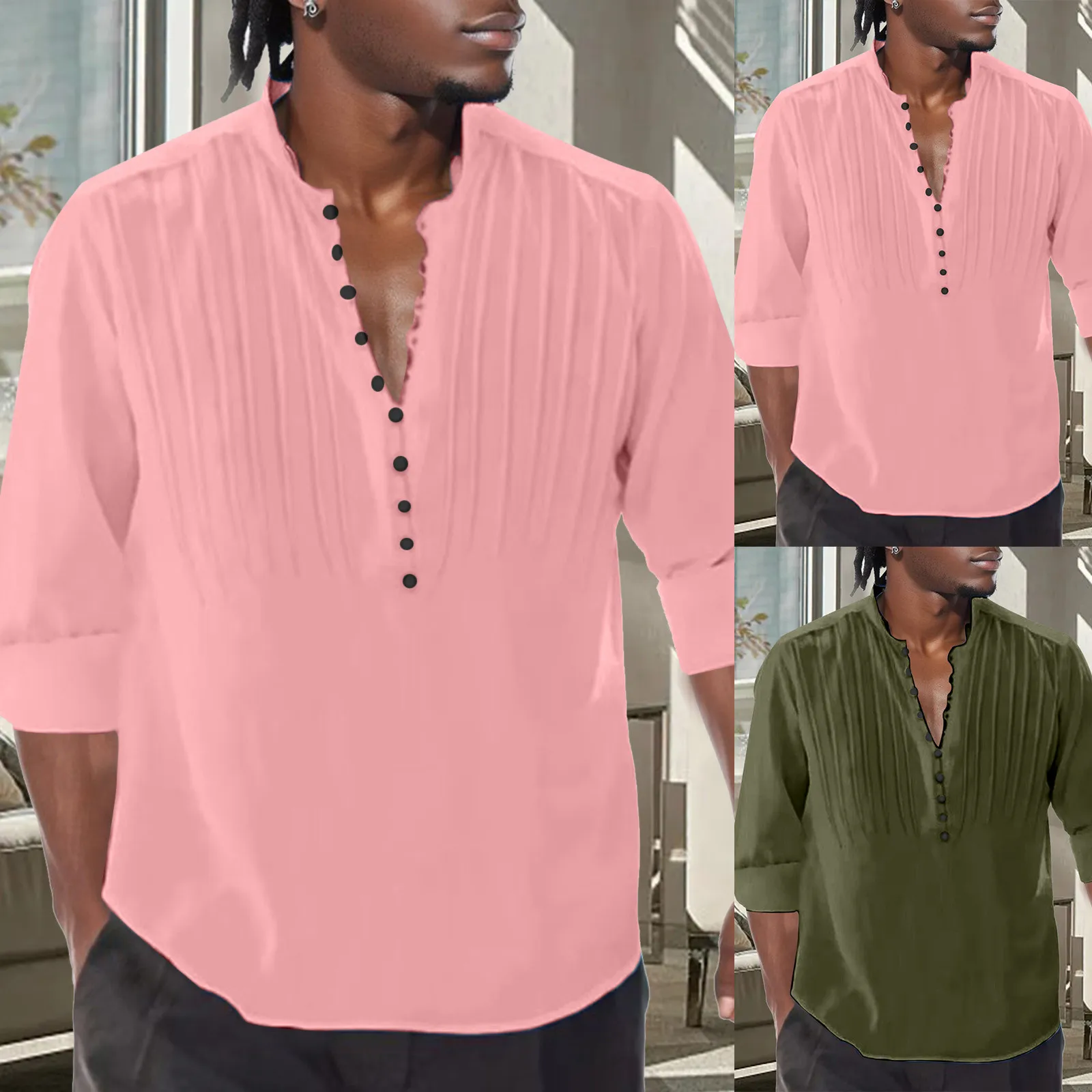 

Мужская однотонная плиссированная футболка с длинным рукавом и круглым вырезом