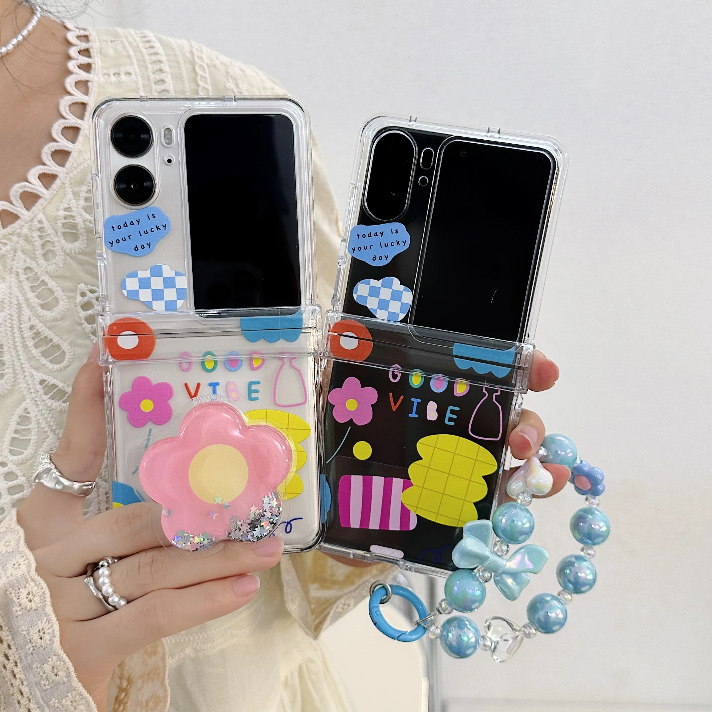 

Ins graffiti flower label cartoon 3 in 1 pc hard bracelet For Oppo Find N2 Flip 5G N2FLIP N 2 clear stand holder phone case