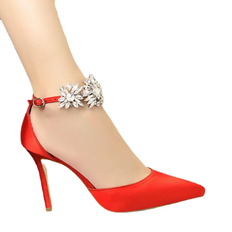 

F64European and American Style High Heels Women's Tiletto Heel Satin Hollow Shallow Mouth Pointed Toe Rhinestone Strap Sandals