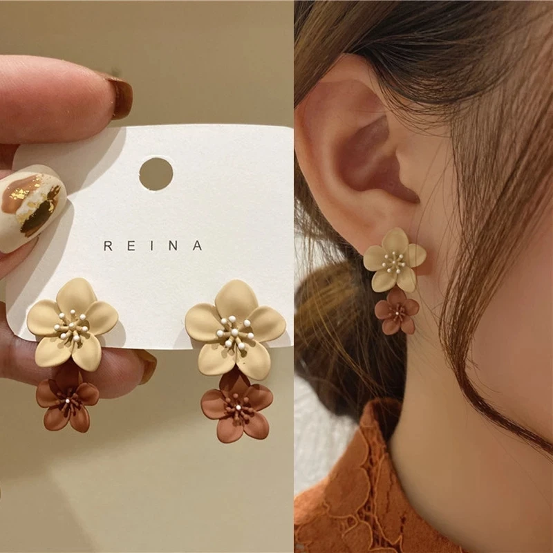 

Brown Two Color Flower Drop Dangle Earrings for Women 2022 Korean Fashion Jewelry Wedding Party Girl Elegant Jewelry Accessories