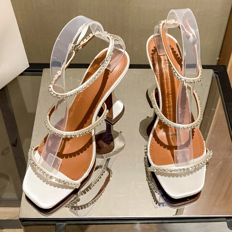 women's sandals kitten heels sandals chain tape crystal wedding sandals 2023 back strap high heels square toes peep-toe sandals