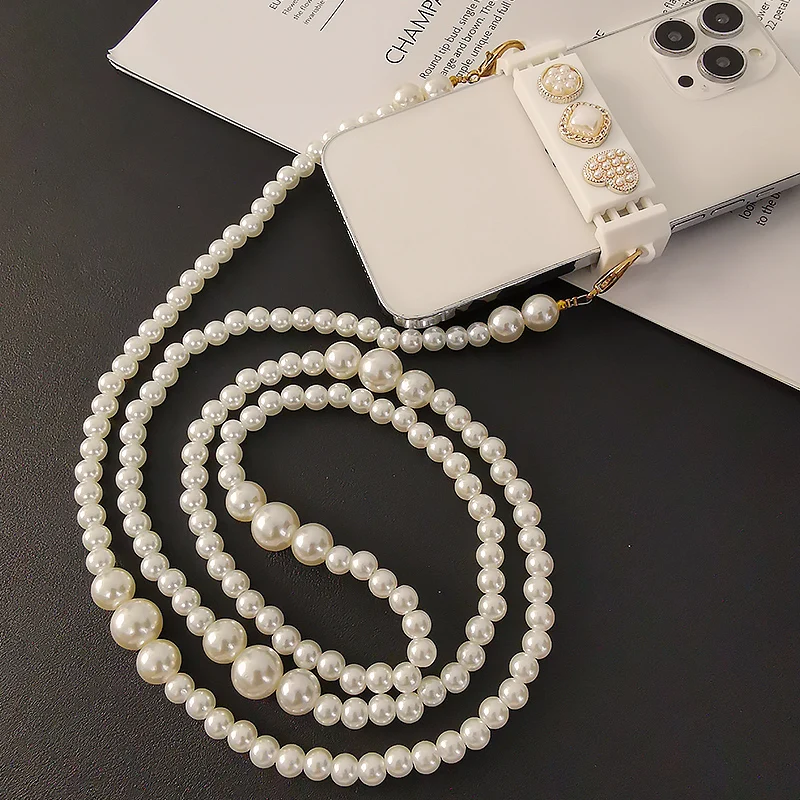 

Long Crossbody ABS Size Pearl Lanyard Mobile Phone Lanyard Handcrafted Pearl Chain Women's Square Pearl Universal Lanyard