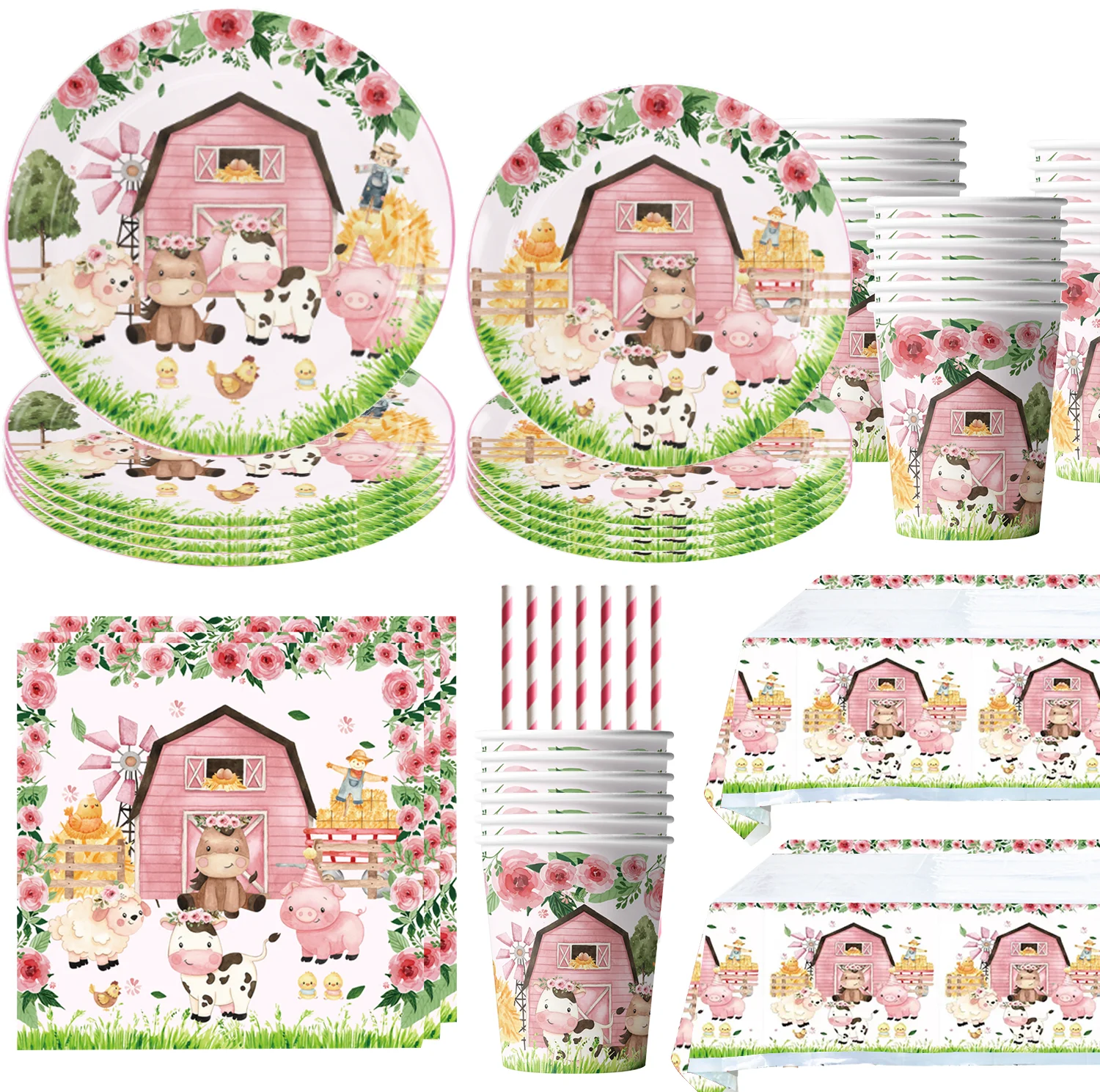 

Pink Farm Cow Theme Birthday Party Animal Decoration Disposable Cups Plates Flags Tablecloth Baby Shower Party Supplies