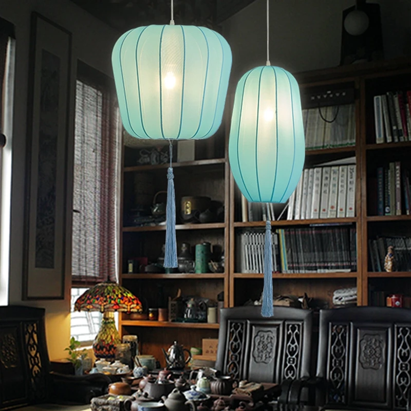 Blue fabric lantern chandelier Chinese style restaurant hotel teahouse aisle lighting small simple decorative lamp