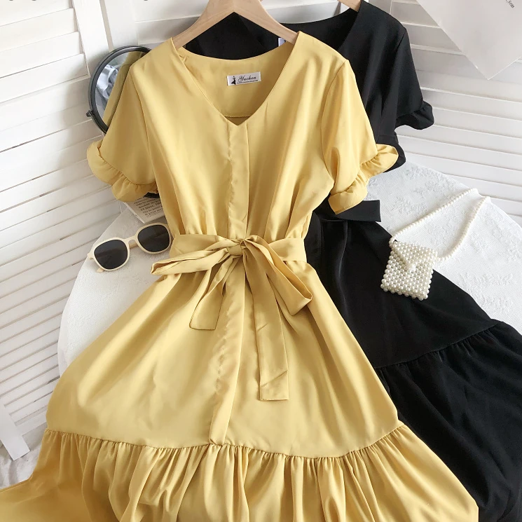 

2022 2022 Summer Robe Femme V-neck Flare Sleeve Slim Waist Vintage Dresses Women Korean Chic Ruffles Vestidos Feminino
