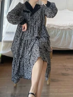 2022 koean style women floral layered shirtdress black notched collar long sleeve tiered chiffon dresses calf length one piece