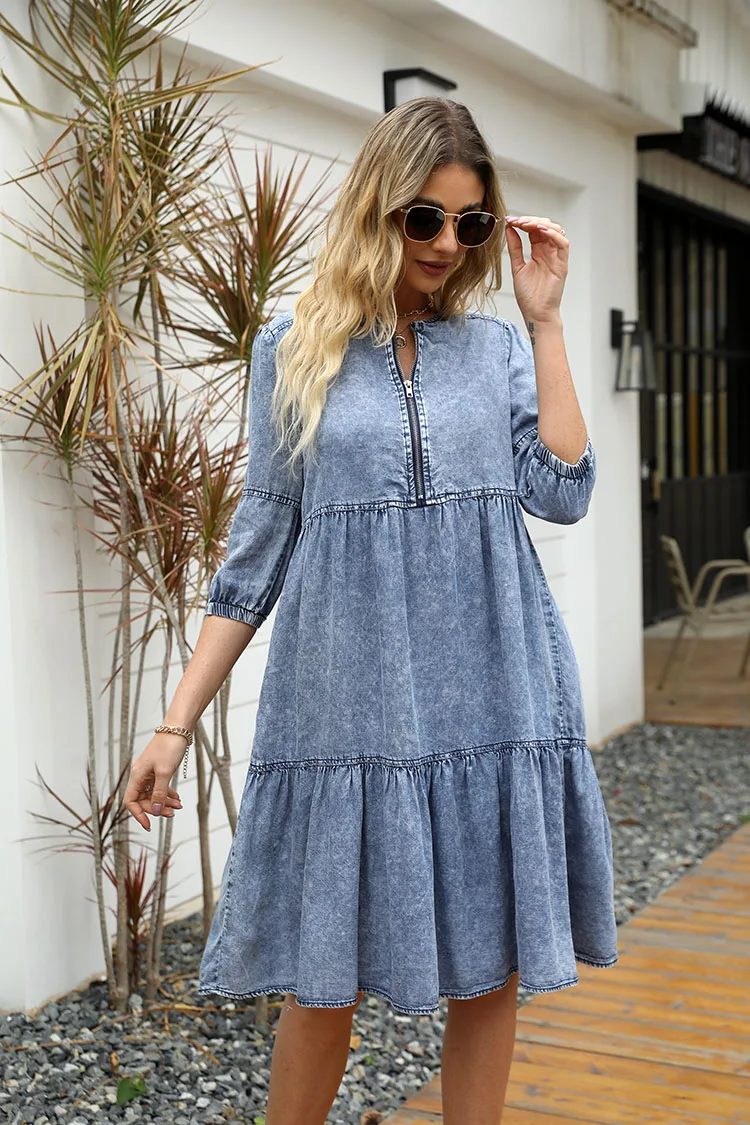 

Summer Denim Dress Women Blue O-Neck Vintage Dress Zipper Female Fashion Casual Soft Casual Dress for Women Loose