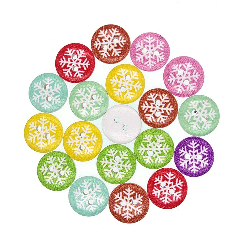 

200PCs Wholesale Natural Wooden Buttons Round Snowflower Design Scrapbooking Sewing Accessories DIY Craft 2 Holes 15mm Dia.