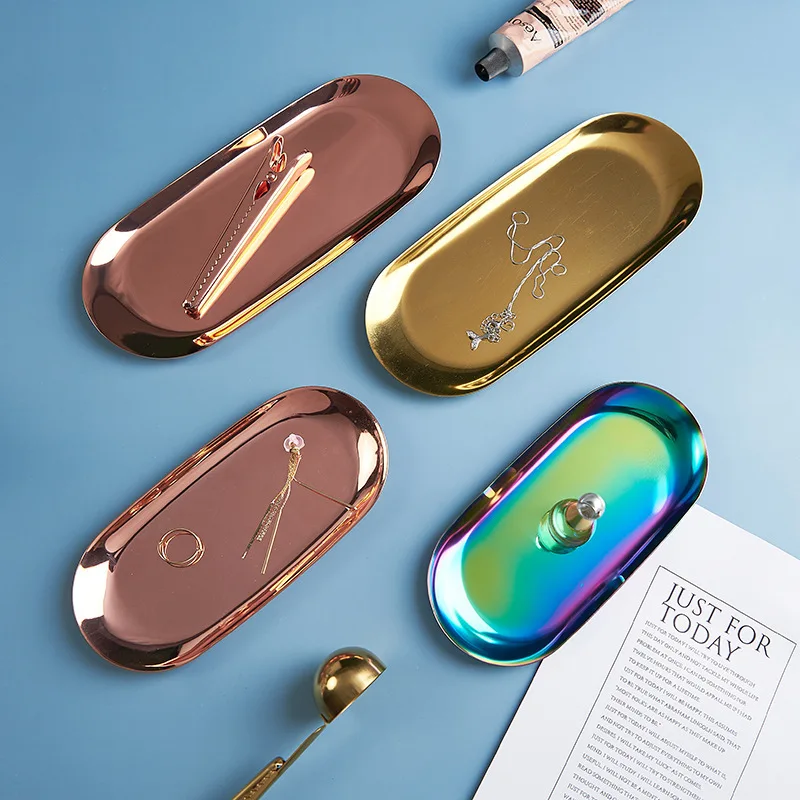 

Stainless Steel Golden Metal Oval Plate Desktop Storage Tray Jewelry Tray Gold Silver Kitchen Tableware Accessories