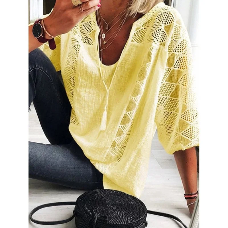 

2023 Loose New Lace Panels U-Neck Quarter-Sleeved Top T-Shirt
