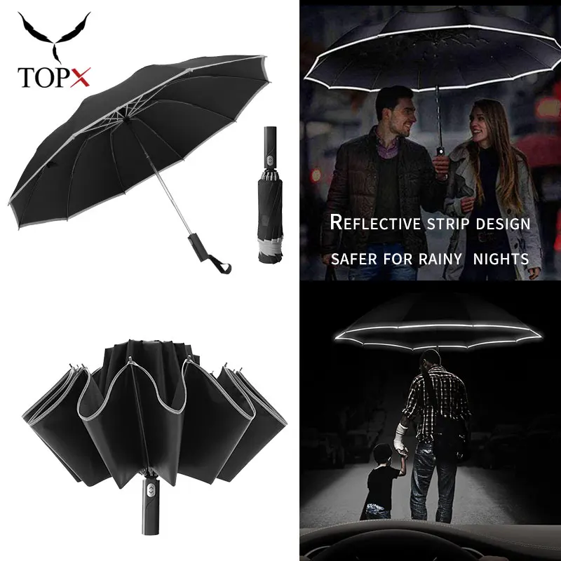 

3Folding Umbrella Windproof Reverse Automatic Rain For Men Women 10 Ribs Reflective Stripe Portable Female Umbrella Male Parasol
