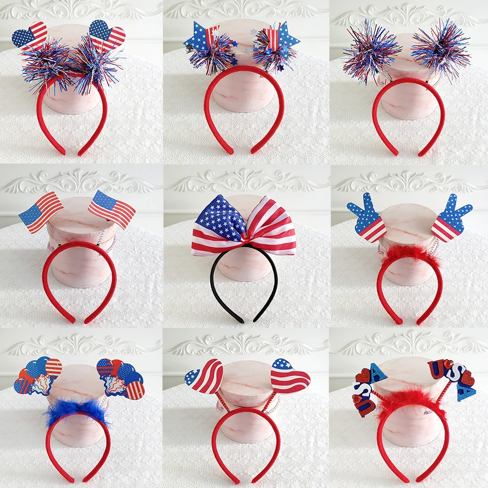 2023 New 4th of July USA Independence Day Headdress Headband Sequin Bow Pentagram Headband Kids DIY Hair Accessories Women Party